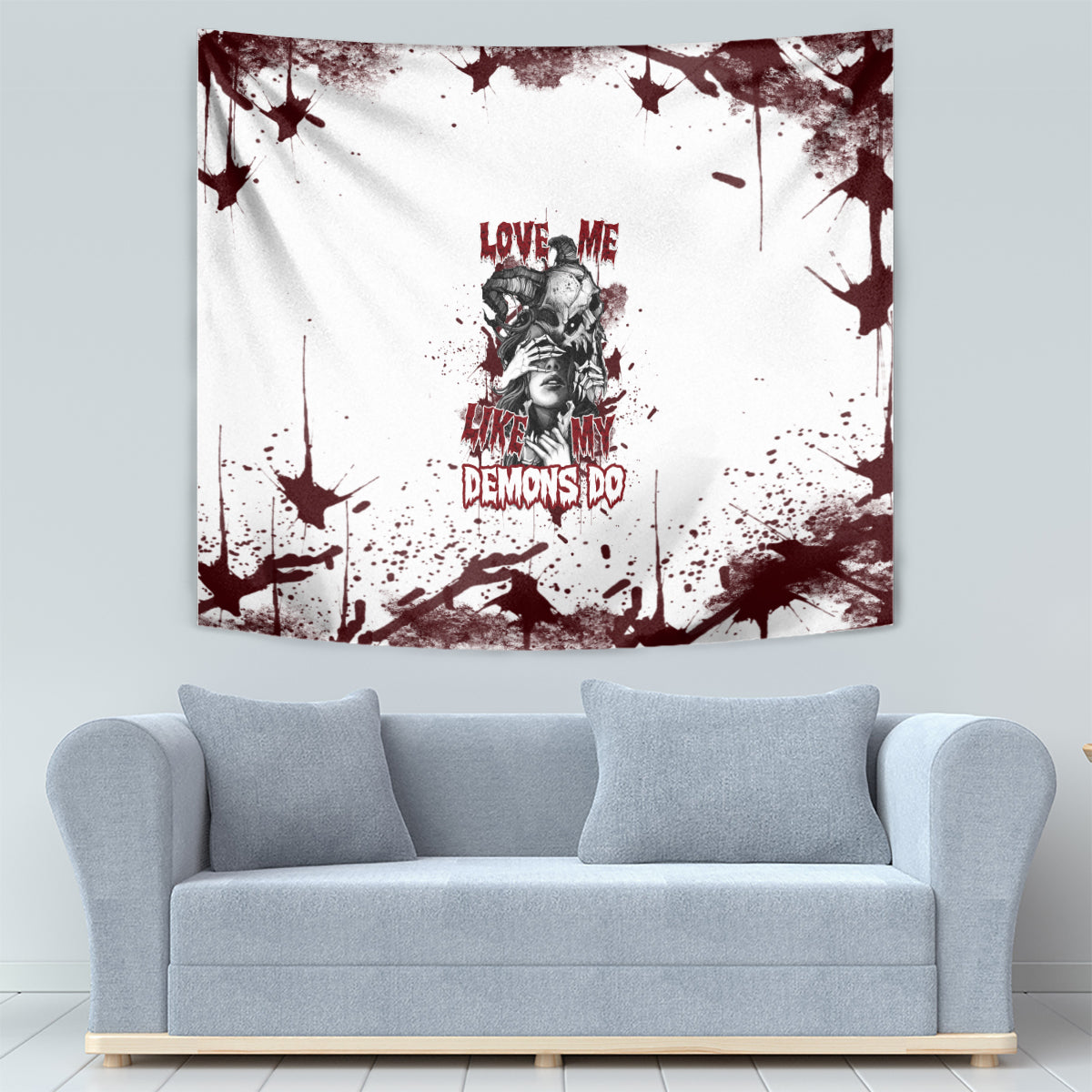 Skull wall tapestry with white fabric and maroon splash frame around a centered figure