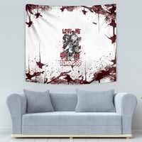 Skull wall tapestry with white fabric and maroon splash frame around a centered figure