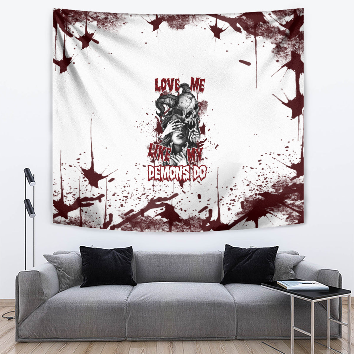 Skull graphic wall tapestry with maroon spray splatter and stacked lettering centerpiece