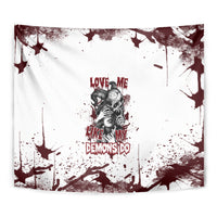 Close-up skull wall tapestry with maroon ink splatter on white fabric
