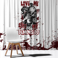 Close-up skull window curtain with white fabric and dark red splatter over face graphic
