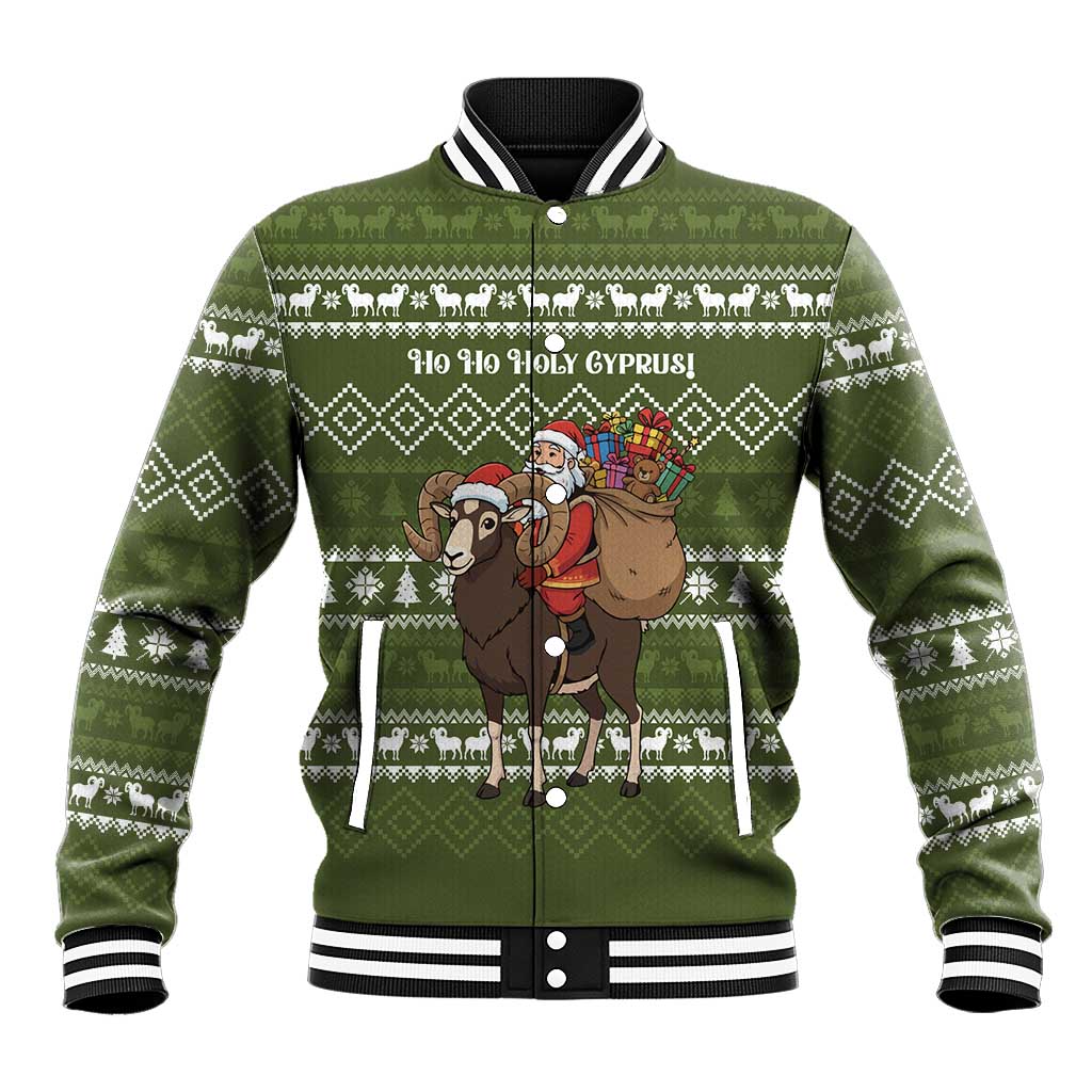 Cyprus Christmas Baseball Jacket with Santa Riding Ram Ho Ho Holy Cyprus Text and Green Holiday - Wonder Print Shop