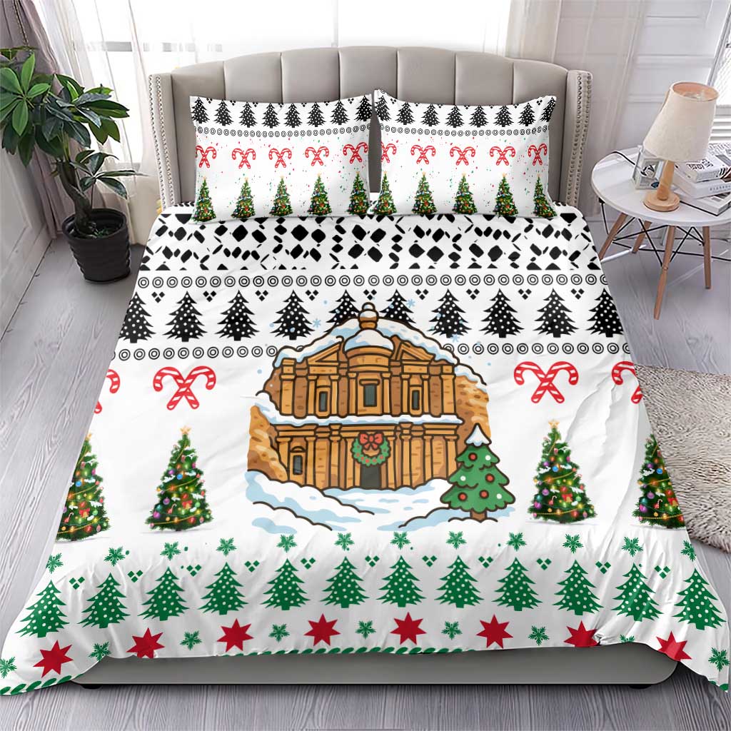 Jordan Christmas Bedding Set with Petra Monastery Snow Christmas Trees and Candy Cane Pattern - Wonder Print Shop