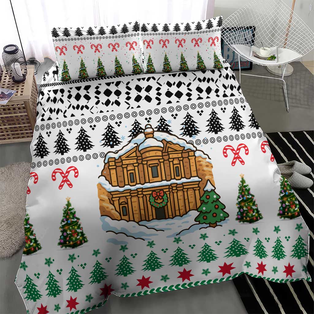 Jordan Christmas Bedding Set with Petra Monastery Snow Christmas Trees and Candy Cane Pattern - Wonder Print Shop