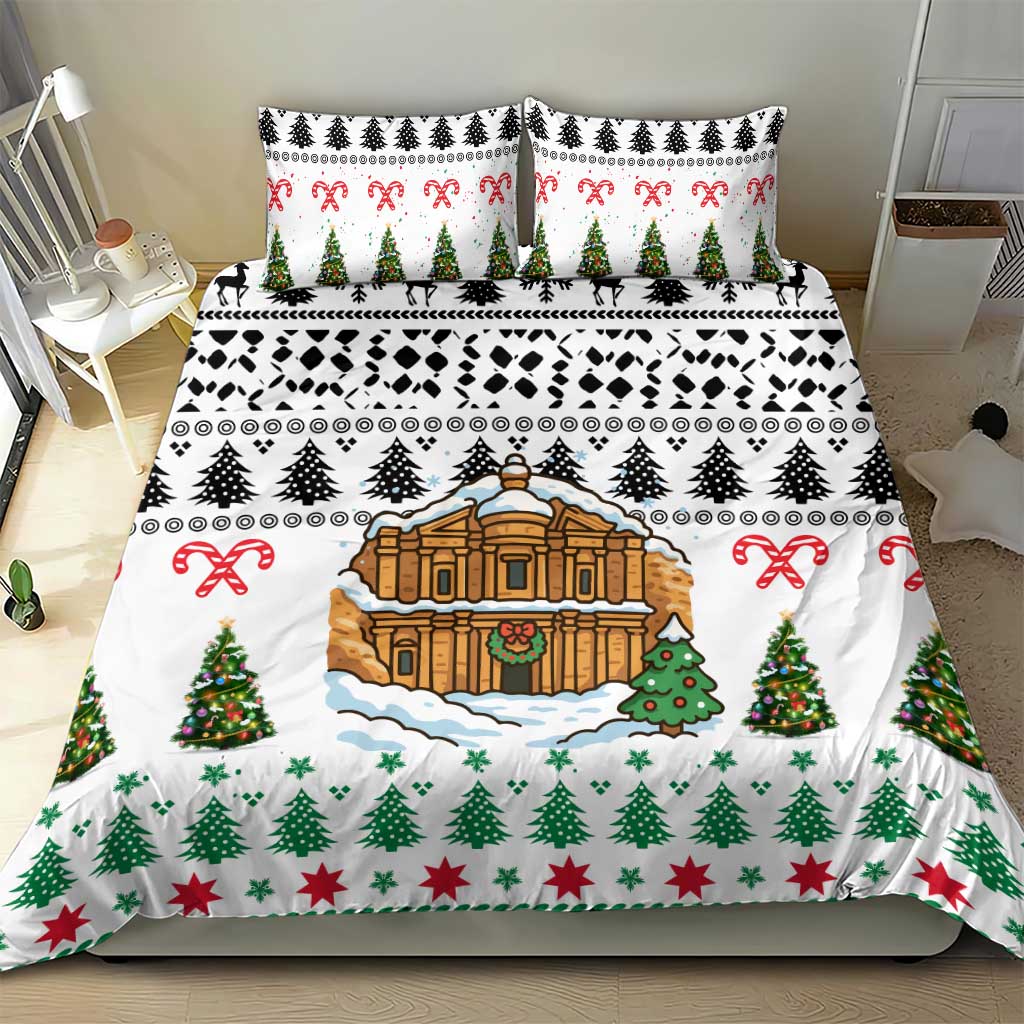 Jordan Christmas Bedding Set with Petra Monastery Snow Christmas Trees and Candy Cane Pattern - Wonder Print Shop