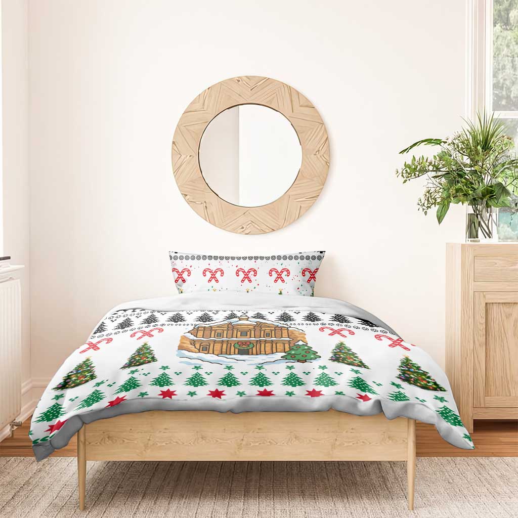 Jordan Christmas Bedding Set with Petra Monastery Snow Christmas Trees and Candy Cane Pattern - Wonder Print Shop