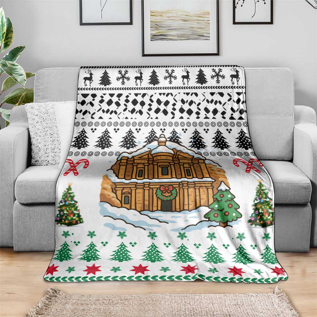 Jordan Christmas Blanket with Petra Monastery Snow Christmas Trees and Candy Cane Pattern - Wonder Print Shop