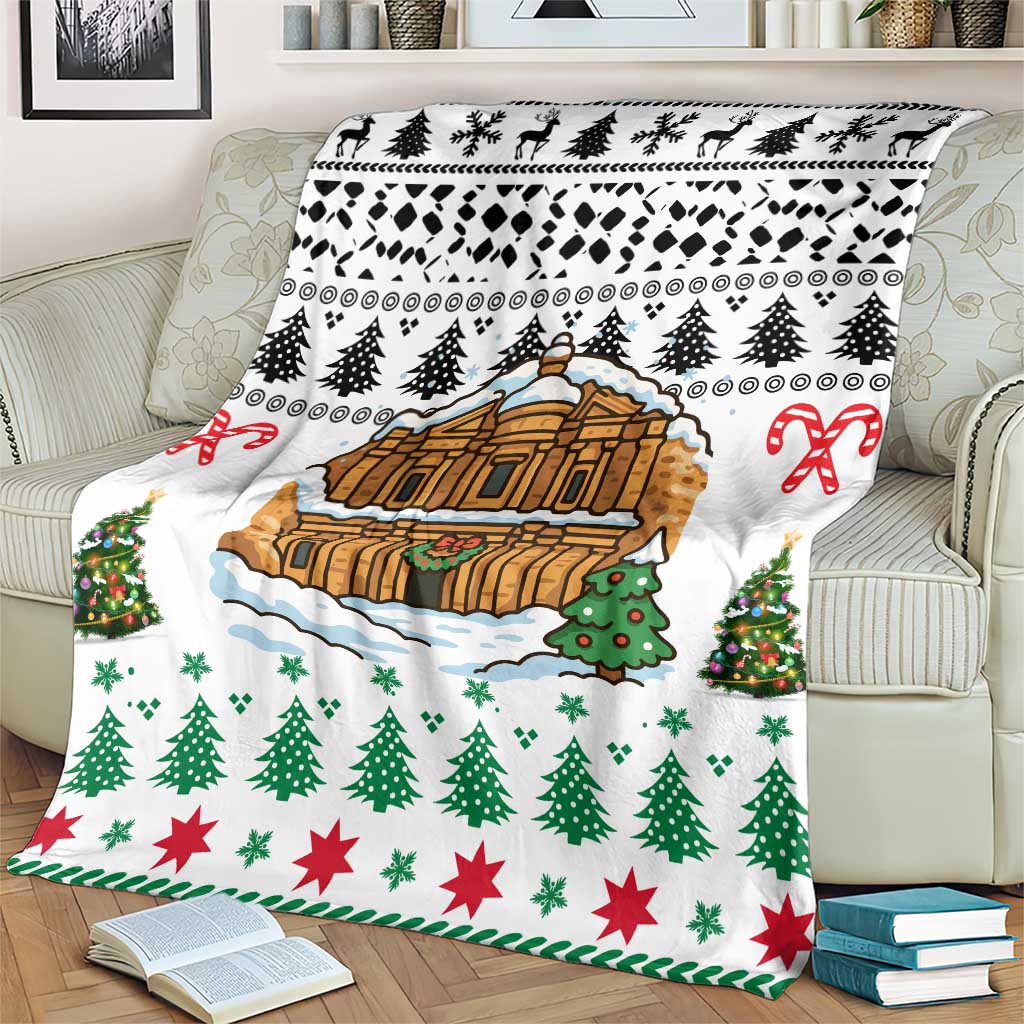 Jordan Christmas Blanket with Petra Monastery Snow Christmas Trees and Candy Cane Pattern - Wonder Print Shop