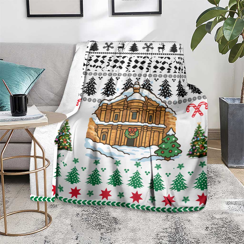 Jordan Christmas Blanket with Petra Monastery Snow Christmas Trees and Candy Cane Pattern - Wonder Print Shop