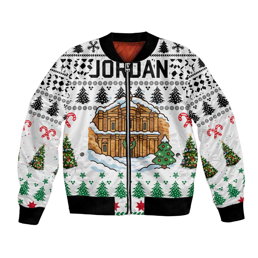 Jordan Christmas Bomber Jacket with Petra Monastery Snow Christmas Trees and Candy Cane Pattern - Wonder Print Shop