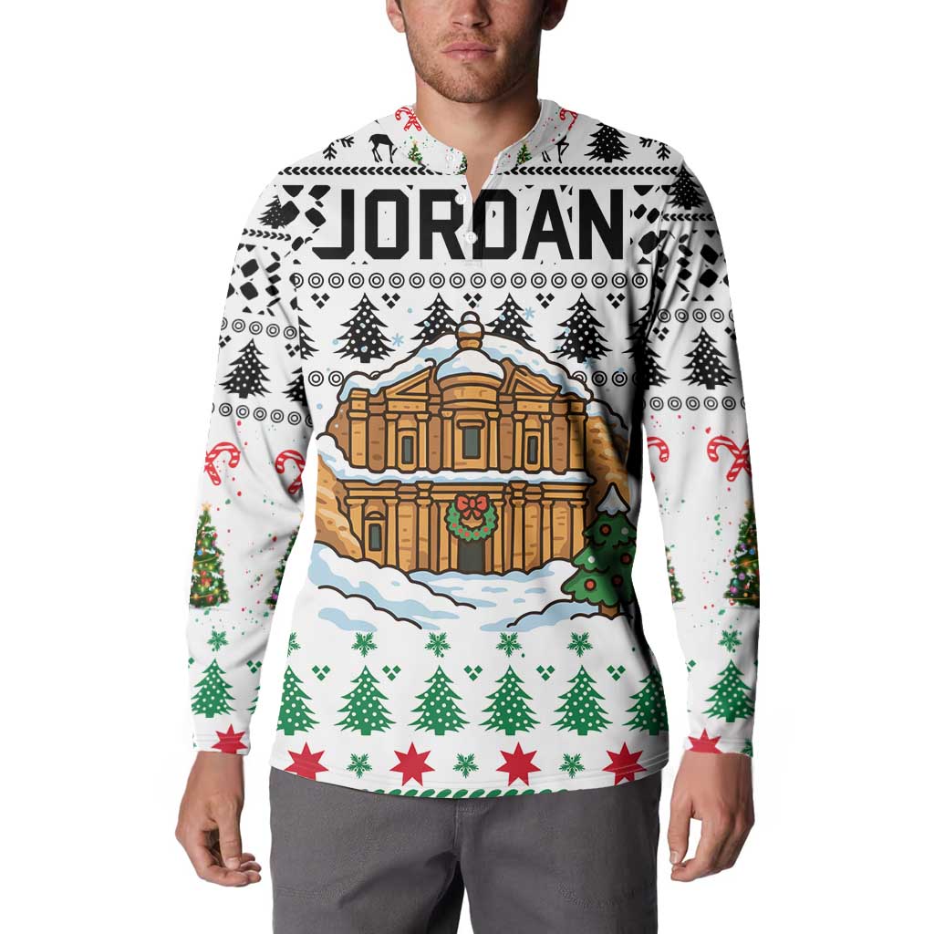Jordan Christmas Button Sweatshirt with Petra Monastery Snow Christmas Trees and Candy Cane Pattern - Wonder Print Shop