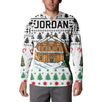 Jordan Christmas Button Sweatshirt with Petra Monastery Snow Christmas Trees and Candy Cane Pattern - Wonder Print Shop