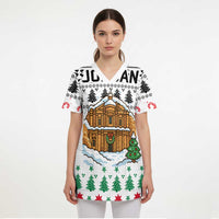 Jordan Christmas Scrub Top with Petra Monastery Snow Christmas Trees and Candy Cane Pattern - Wonder Print Shop