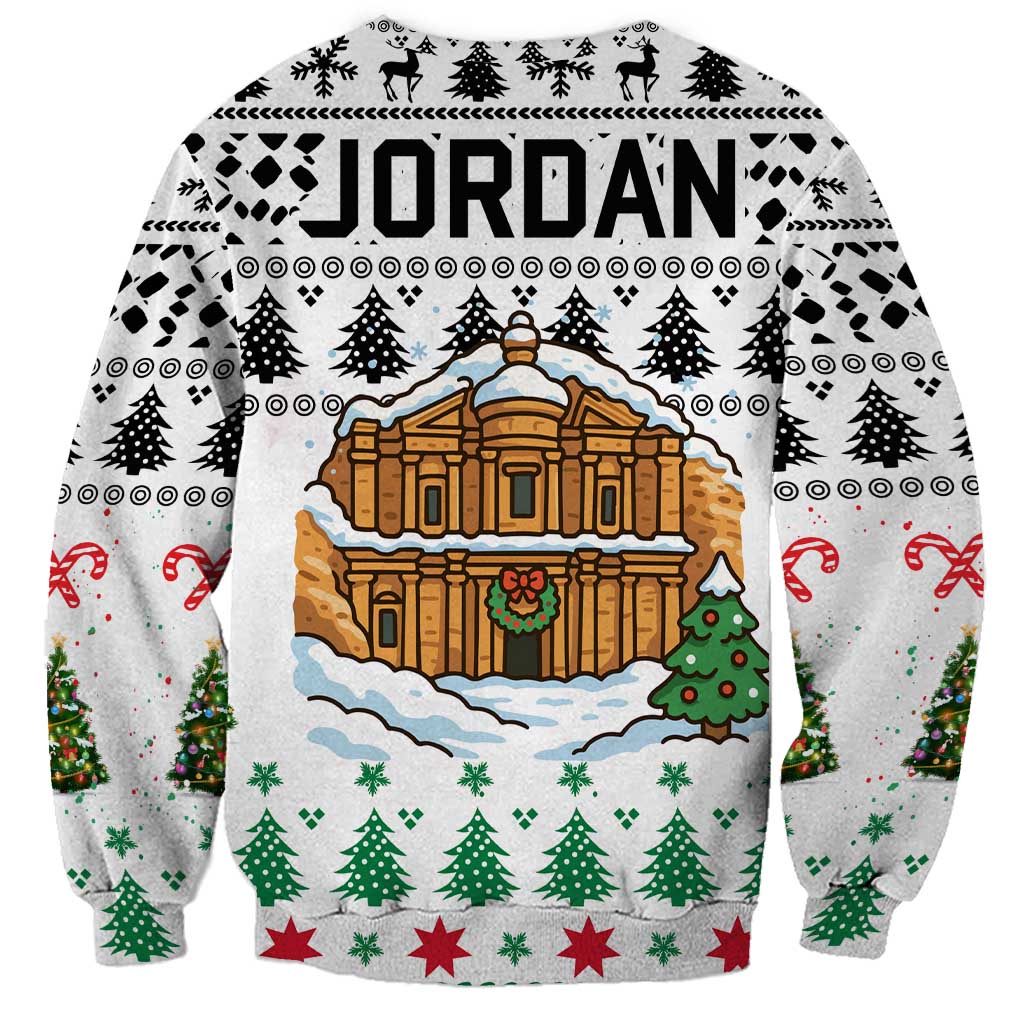Jordan Christmas Sweatshirt with Petra Monastery Snow Christmas Trees and Candy Cane Pattern - Wonder Print Shop