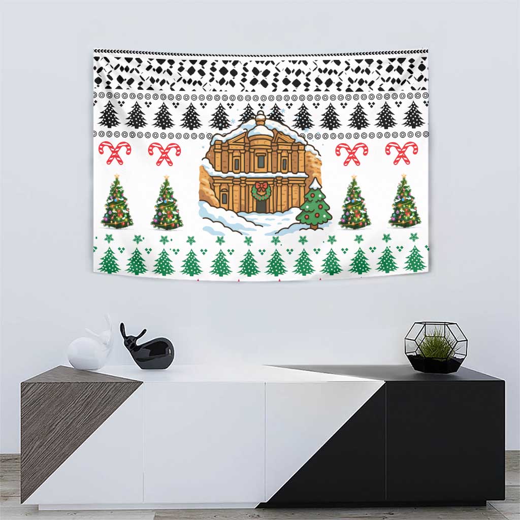 Jordan Christmas Tapestry with Petra Monastery Snow Christmas Trees and Candy Cane Pattern - Wonder Print Shop