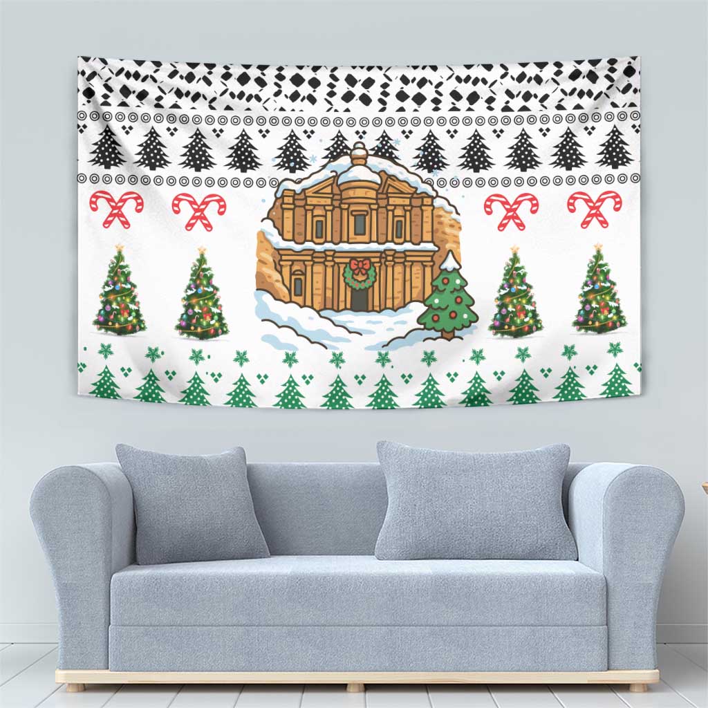 Jordan Christmas Tapestry with Petra Monastery Snow Christmas Trees and Candy Cane Pattern - Wonder Print Shop
