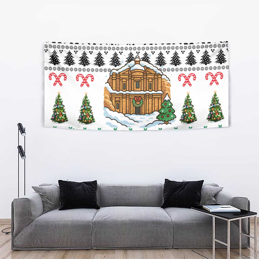 Jordan Christmas Tapestry with Petra Monastery Snow Christmas Trees and Candy Cane Pattern - Wonder Print Shop