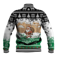Jordan Christmas Baseball Jacket with Santa Snow Village Green and Black Snowflake Tree Pattern - Wonder Print Shop