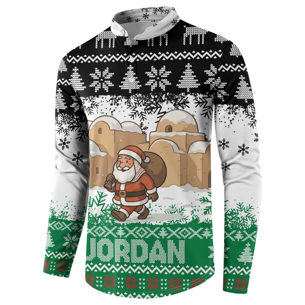 Jordan Christmas Button Sweatshirt with Santa Snow Village Green and Black Snowflake Tree Pattern - Wonder Print Shop