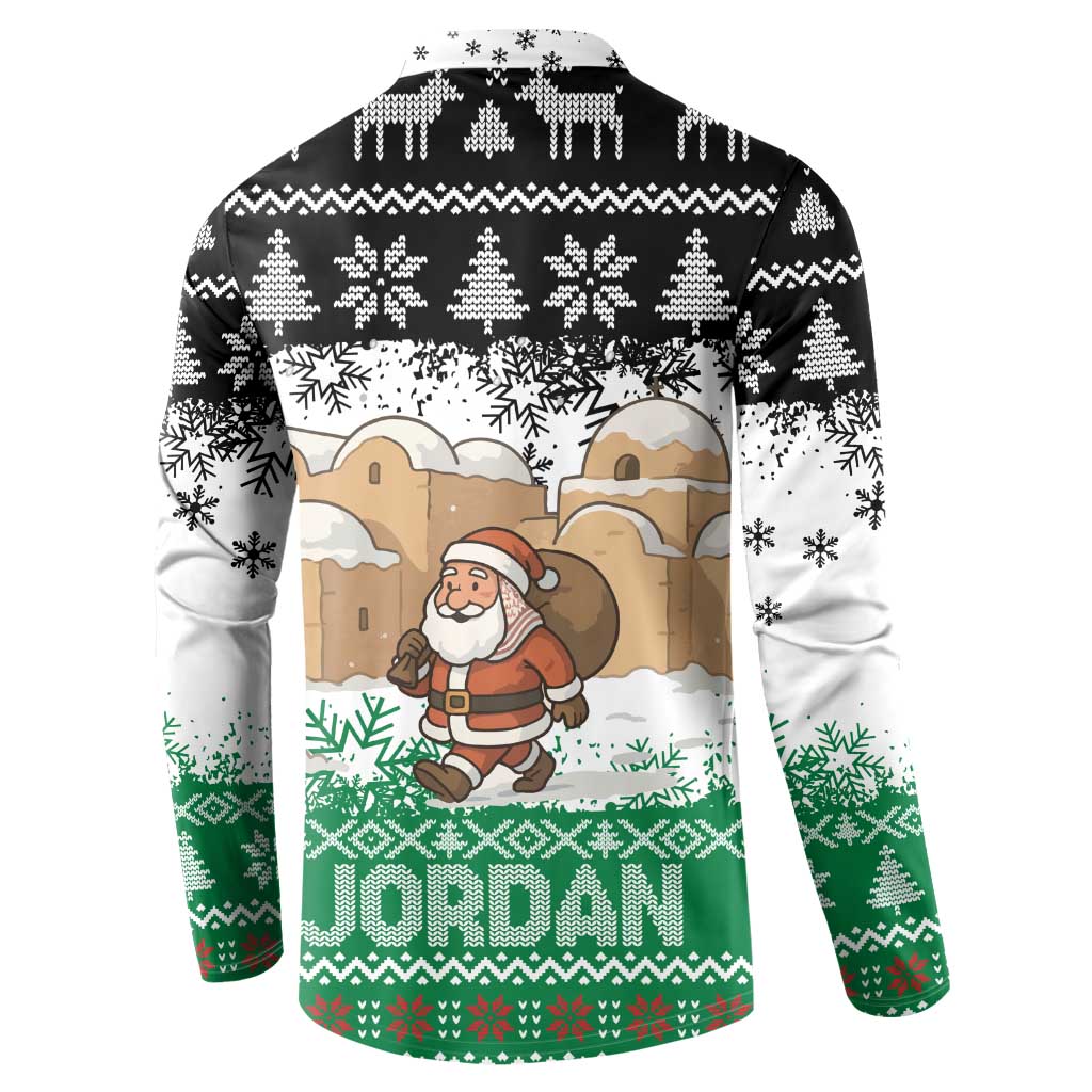 Jordan Christmas Button Sweatshirt with Santa Snow Village Green and Black Snowflake Tree Pattern - Wonder Print Shop