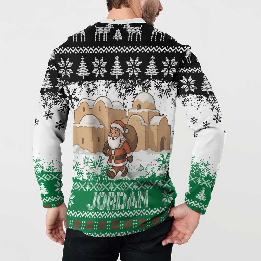 Jordan Christmas Button Sweatshirt with Santa Snow Village Green and Black Snowflake Tree Pattern - Wonder Print Shop