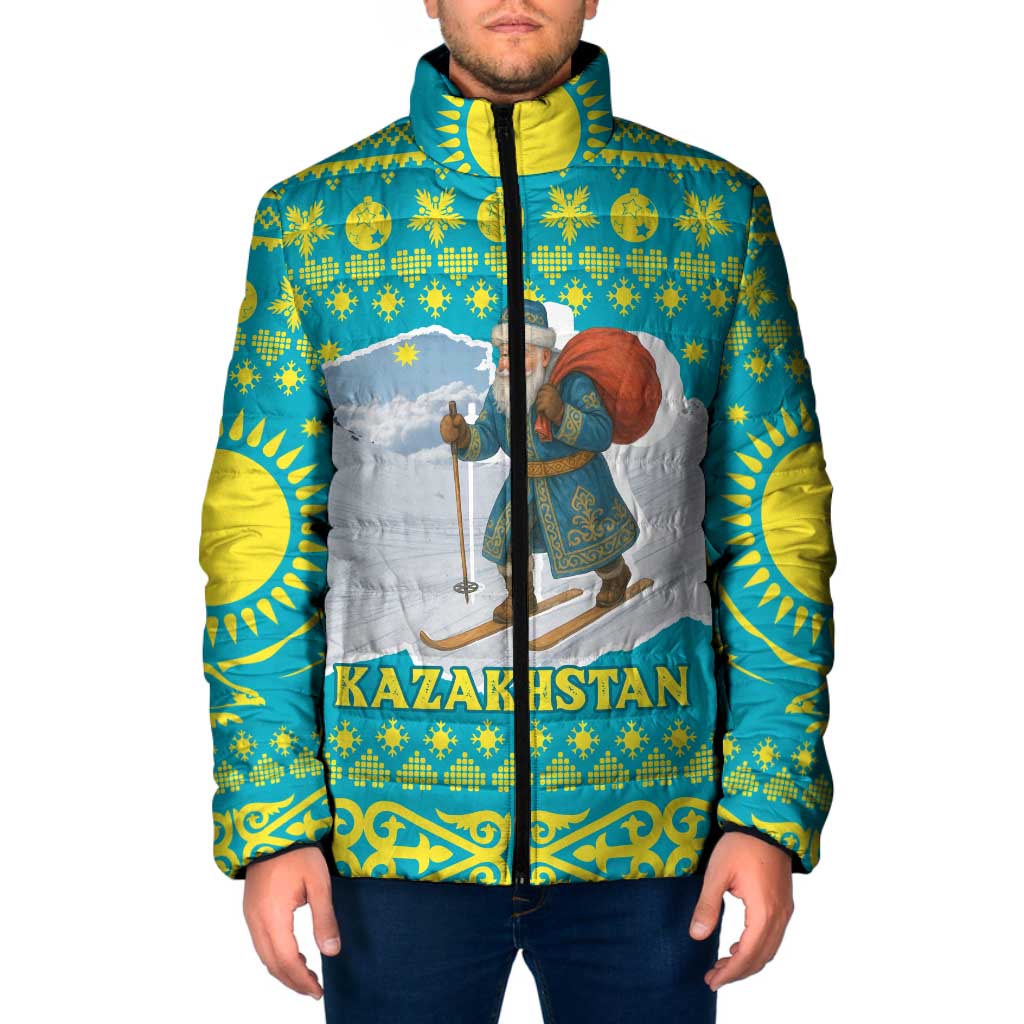Kazakhstan Christmas Padded Jacket with Santa Skiing in Traditional Outfit Snow Mountain and Sun Pattern - Wonder Print Shop