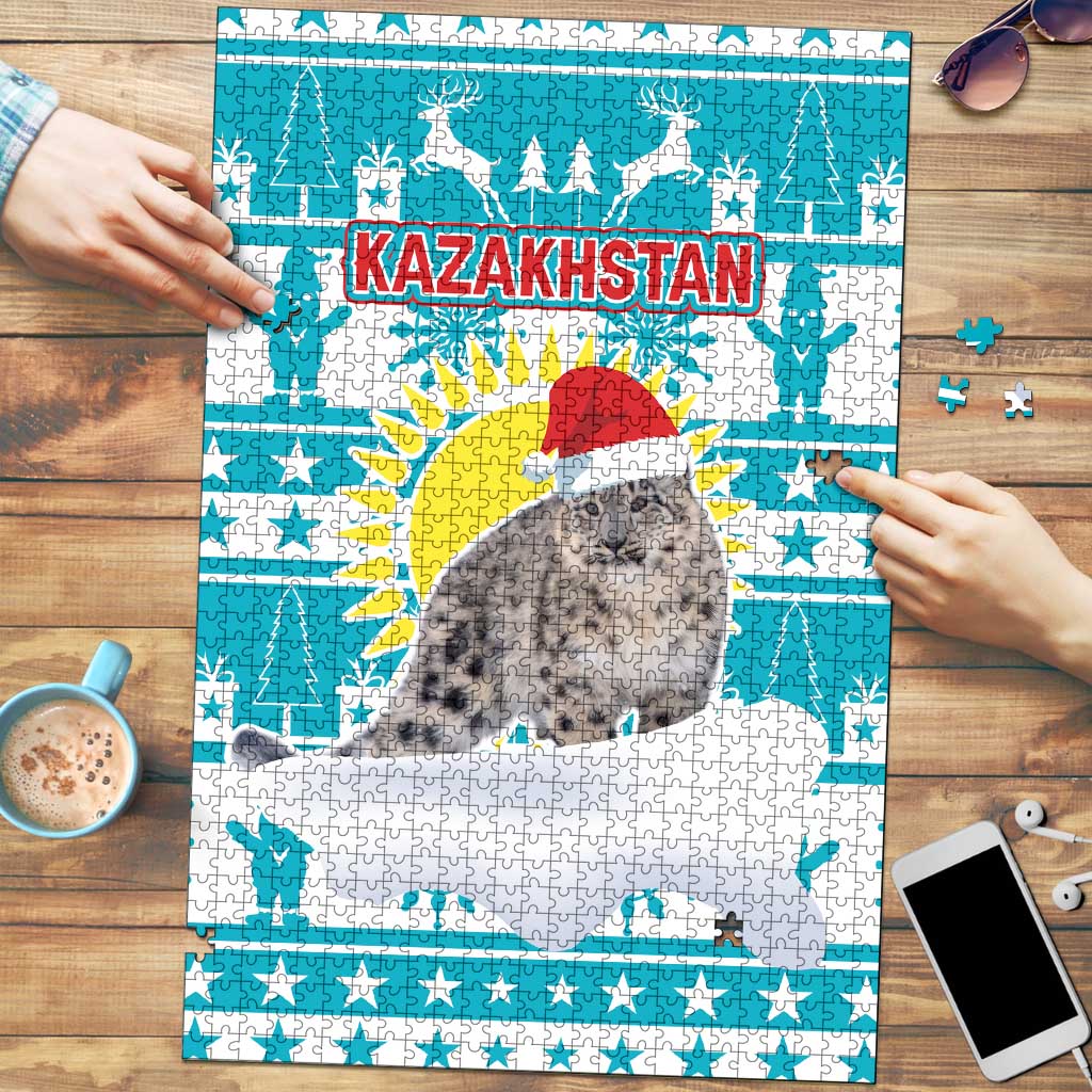 Kazakhstan Christmas Puzzle with Snow Leopard in Santa Hat Blue and Yellow Reindeer Snowflake - Wonder Print Shop
