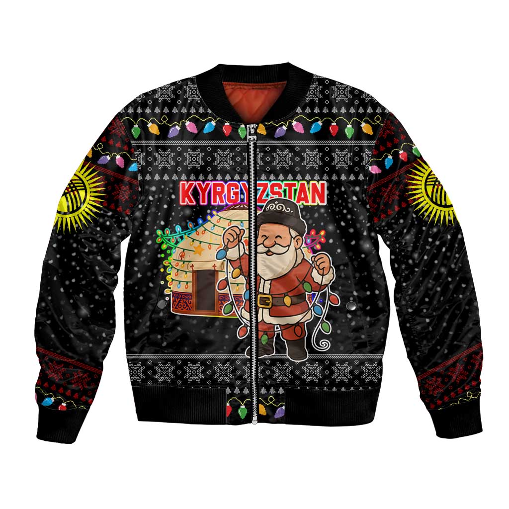 Kyrgyzstan Christmas Bomber Jacket with Santa Decorating Yurt Colorful Lights Snowflakes and National - Wonder Print Shop
