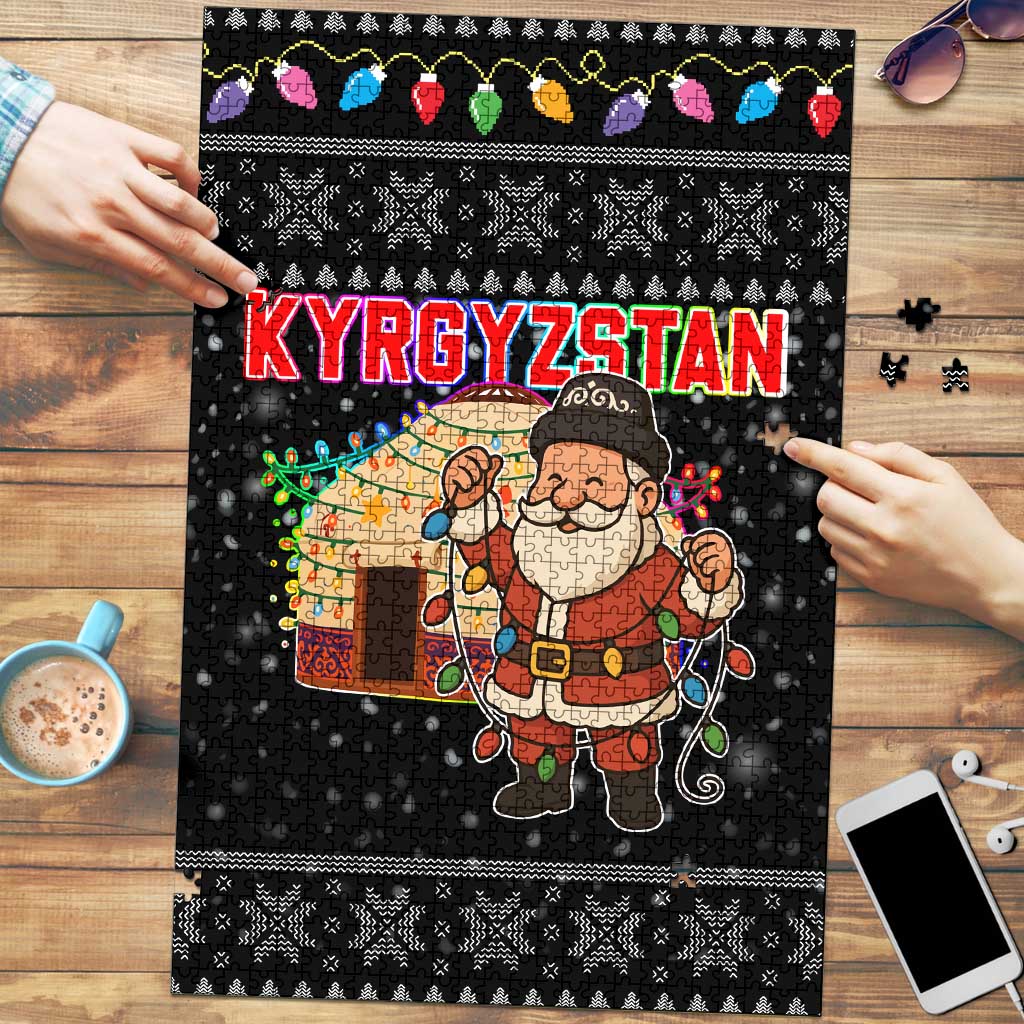 Kyrgyzstan Christmas Puzzle with Santa Decorating Yurt Colorful Lights Snowflakes and National - Wonder Print Shop