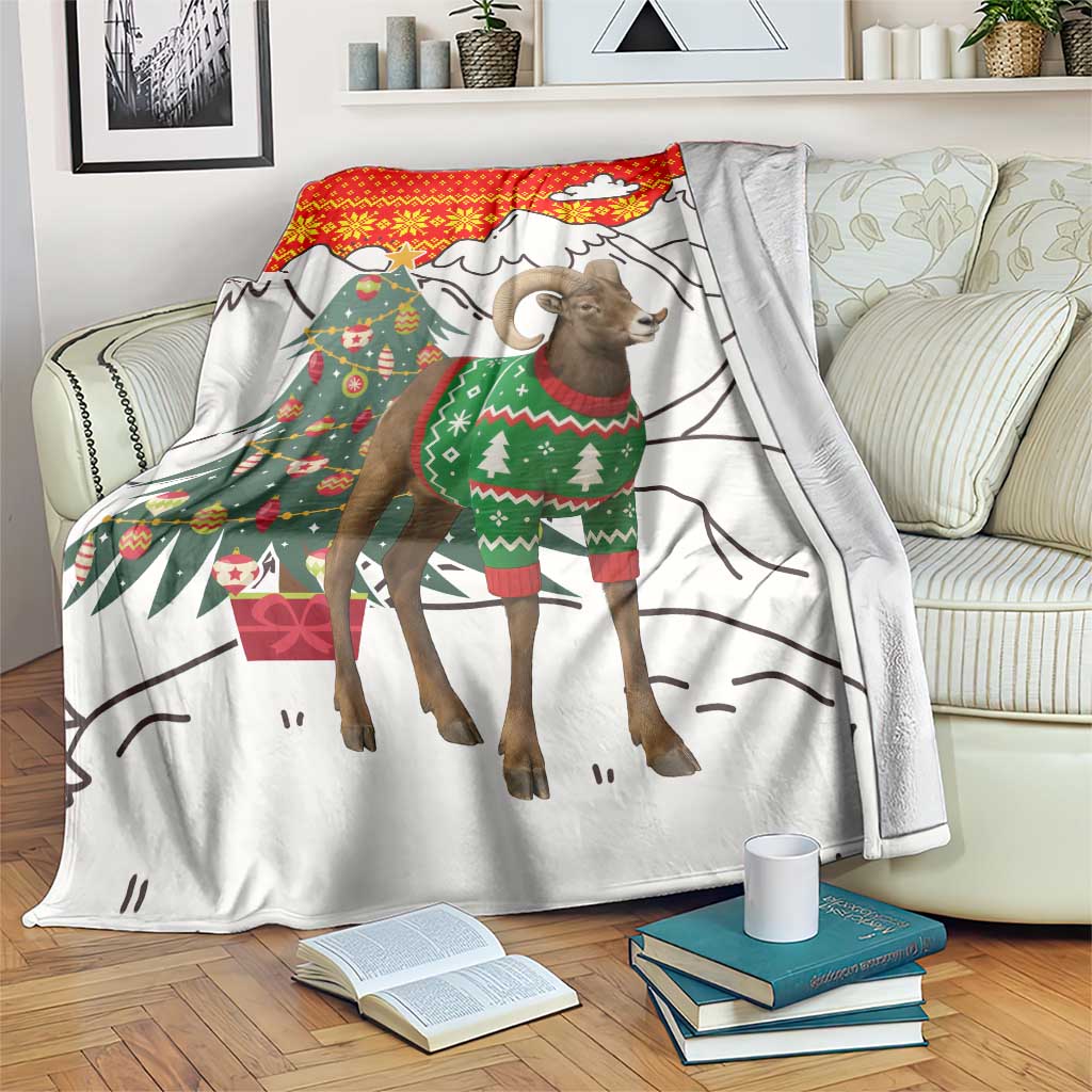 Kyrgyzstan Christmas Blanket with Mountain Goat in Festive Red Snowflake Pattern and Holiday Tree - Wonder Print Shop