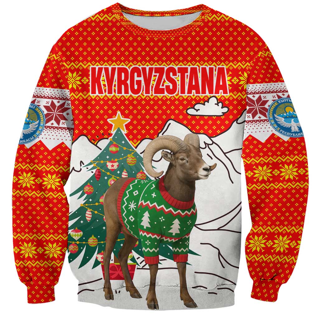 Kyrgyzstan Christmas Sweatshirt with Mountain Goat in Festive Red Snowflake Pattern and Holiday Tree - Wonder Print Shop