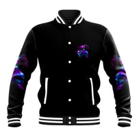 Black baseball jacket with purple skull chest patch, striped rib collar, cuffs, and hem.