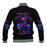 Black baseball jacket, purple/blue skull back print, striped rib collar and cuffs.