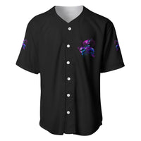 Black baseball jersey with white button placket and small purple skull emblem