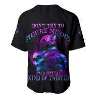 Black baseball jersey with purple skull graphic and text on front