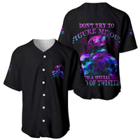 Two black baseball jerseys, front view with purple skull and motivational text