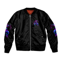 Black bomber jacket with front zipper, neon skull chest patch, ribbed hem, sleeve prints