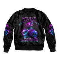 Black bomber jacket with ribbed collar and full-back neon skull graphic, ribbed cuffs