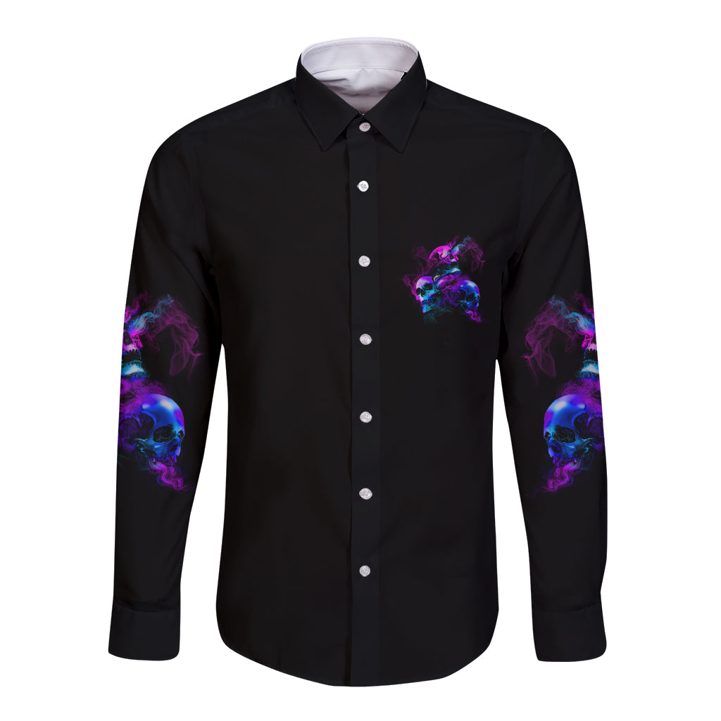 Long sleeve button-up shirt in black with purple skull print and chest pocket