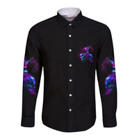 Long sleeve button-up shirt in black with purple skull print and chest pocket