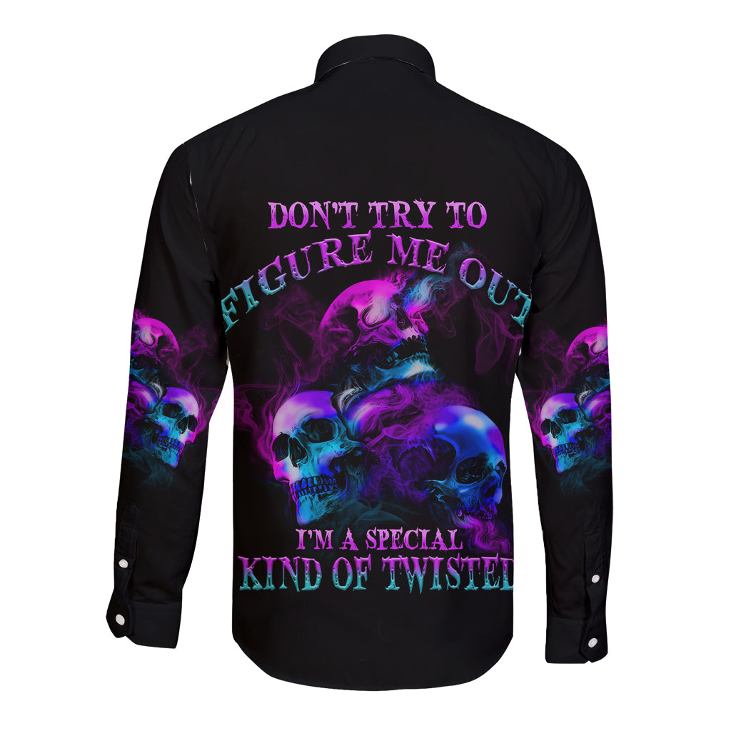 Long sleeve button shirt, black with purple skull graphic and text on back, button-up collar