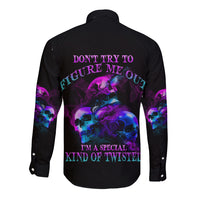 Long sleeve button shirt, black with purple skull graphic and text on back, button-up collar