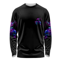 Unisex long sleeve shirt, black with purple blue skull print on chest and sleeves