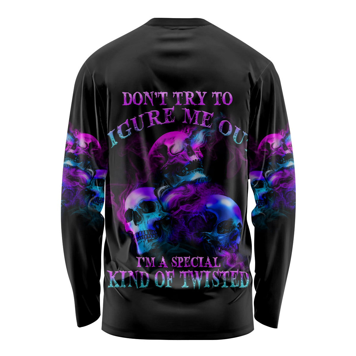 Unisex long sleeve shirt, black with purple blue skull graphic and bold text on back