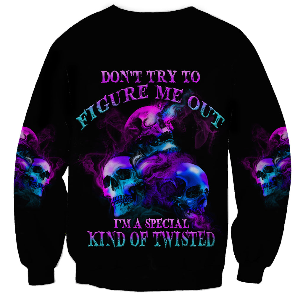 Black unisex sweatshirt with purple-blue skull graphic and quote text on front