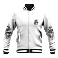Light baseball jacket front with snap buttons, striped ribbed collar, and skull sleeve prints