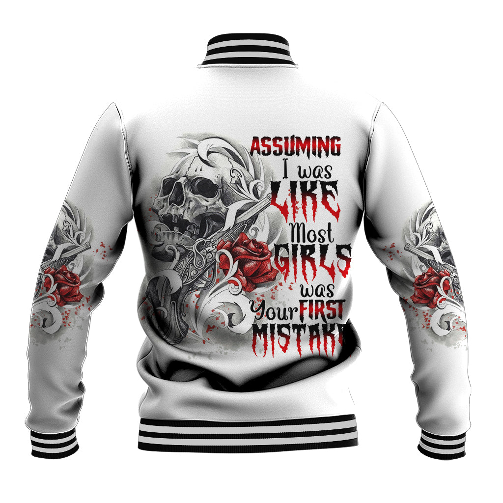White baseball jacket with skull graphic, roses, and bold back text; striped ribbed cuffs