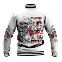 White baseball jacket with skull graphic, roses, and bold back text; striped ribbed cuffs