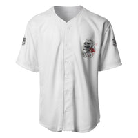 White baseball jersey with small skull-and-rose logo on left chest, button front