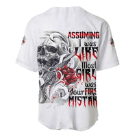 White baseball jersey with skull, rose, and distressed text graphic on the back